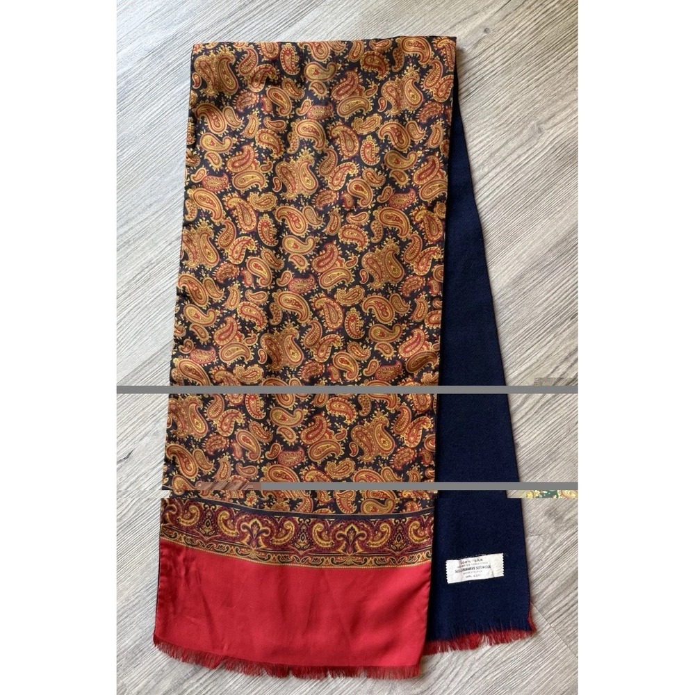Vintage Reversible Scarf Silk Cashmere Wool Paisley Made in Italy Red Navy